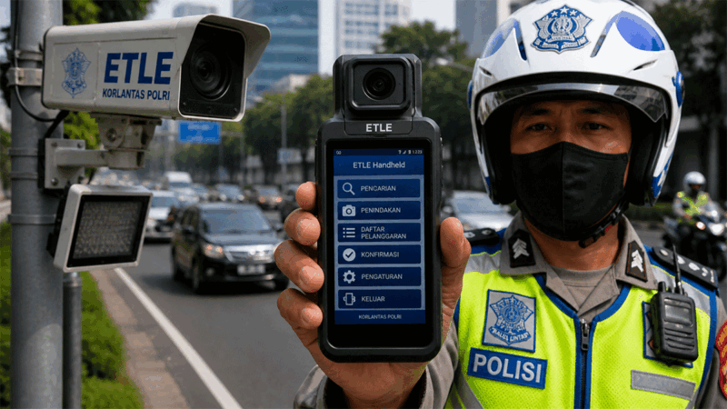 Ilustrasi kamera tilang elektronik atau ETLE (Electronic Traffic Law Enforcement). Cara cek tilang elektronik. Cek tilang elektronik. (Ft: AI)