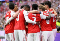 Para pemain Arsenal merayakan gol ke gawang Paris Saint-Germain pada laga final Liga Champions 2026 PSG vs Arsenal di Puskas Arena, Sabtu (30/5/2026) pukul 23.00 WIB.(AFP/INA FASSBENDER)
