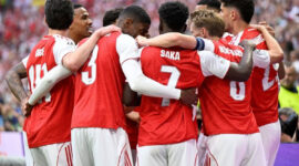 Para pemain Arsenal merayakan gol ke gawang Paris Saint-Germain pada laga final Liga Champions 2026 PSG vs Arsenal di Puskas Arena, Sabtu (30/5/2026) pukul 23.00 WIB.(AFP/INA FASSBENDER)
