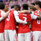 Para pemain Arsenal merayakan gol ke gawang Paris Saint-Germain pada laga final Liga Champions 2026 PSG vs Arsenal di Puskas Arena, Sabtu (30/5/2026) pukul 23.00 WIB.(AFP/INA FASSBENDER)
