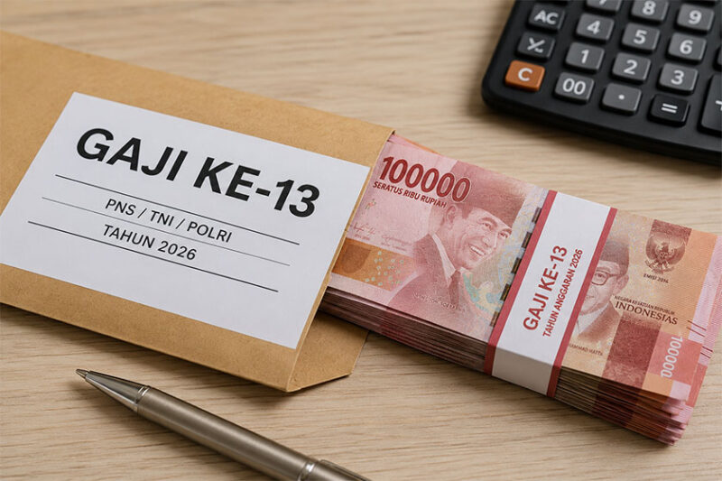 Ilustrasi amplop gaji ke-13 PNS, TNI, dan Polri tahun 2026 lengkap dengan uang rupiah pecahan Rp100 ribu.