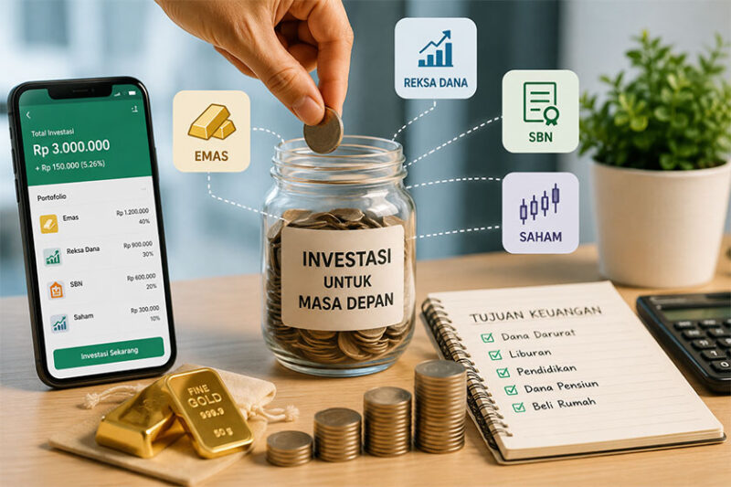 Ilustrasi investasi emas, reksa dana, saham, dan Surat Berharga Negara (SBN) untuk pemula dengan modal kecil.