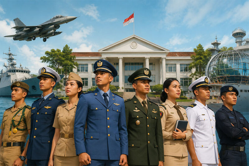 Ilustrasi taruna dan taruni sekolah kedinasan dari berbagai instansi pemerintah dan militer di Indonesia.