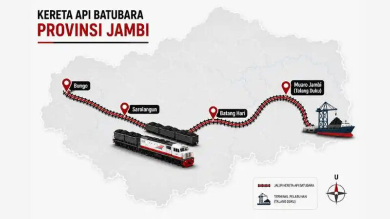 Peta Jalur kereta api khusus batu bara Jambi. Dewan Perwakilan Rakyat Daerah (DPRD) Provinsi Jambi menunjukkan komitmen yang tidak main-main dalam mengawal rencana megaproyek jalur kereta api khusus batu bara.