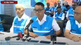 Direktur Utama (Dirut) PLN Darmawan Prasodjo dalam konferensi pers di Jakarta, Sabtu (23/5/2026). Darmawan Prasodjo mengungkapkan indikasi awal penyebab terjadinya gangguan sistem kelistrikan yang mengakibatkan listrik padam atau blackout di sebagian Sumatera sejak Jumat (22/5/2026) malam.