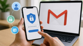 Ilustrasi pengguna mengganti password Gmail melalui perangkat smartphone dan laptop untuk meningkatkan keamanan akun Google.