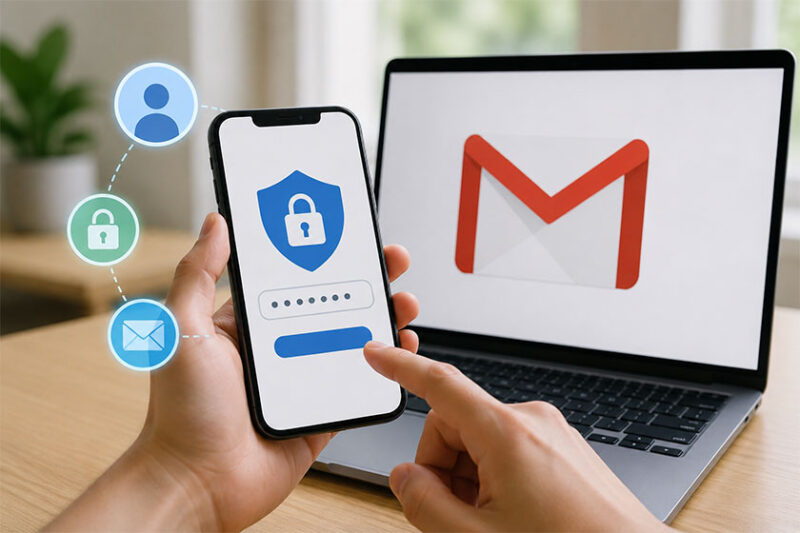 Ilustrasi pengguna mengganti password Gmail melalui perangkat smartphone dan laptop untuk meningkatkan keamanan akun Google.