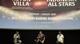 Suasana konferensi pers tur Aston Villa ke Indonesia. Aston Villa dijadwalkan melawan Indonesia All Stars di Stadion Utama Gelora Bung Karno, Sabtu 1 Agustus 2026.(KOMPAS.com/Sem Bagaskara)