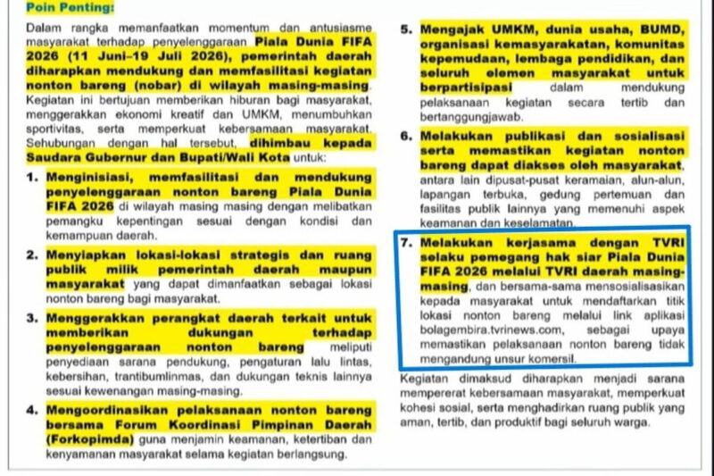 Surat Edaran Menteri Dalam Negeri RI terkait penyelenggaraan nobar Piala Dunia 2026 yang diselenggarakan di daerah, Minggu (14/6/2026).(Dok Kementerian Dalam Negeri RI)
