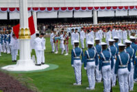 Pasukan Pengibar Bendera Pusaka (Paskibraka) mengibarkan duplikat Bendera Pusaka Merah Putih Upacara pada upacara Peringatan Detik-detik Proklamasi Kemerdekaan ke-80 Republik Indonesia di Istana Merdeka, Jakarta, Minggu (17/8/2025). HUT Ke-80 RI tersebut mengangkat tema Bersatu, Berdaulat, Rakyat Sejahtera, Indonesia Maju. (ANTARA FOTO/Galih Pradipta)