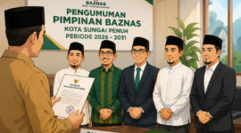 Ilustrasi pengumuman lima pimpinan BAZNAS Kota Sungai Penuh periode 2026–2031 usai ditetapkan Pemerintah Kota Sungai Penuh berdasarkan hasil seleksi BAZNAS RI.