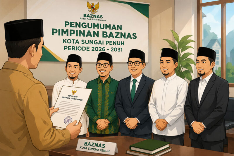 Ilustrasi pengumuman lima pimpinan BAZNAS Kota Sungai Penuh periode 2026–2031 usai ditetapkan Pemerintah Kota Sungai Penuh berdasarkan hasil seleksi BAZNAS RI.