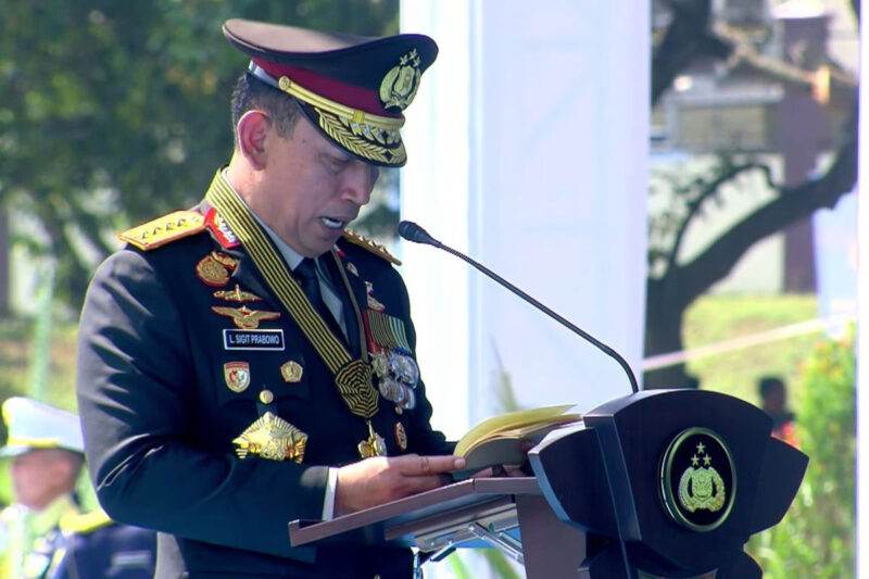 Kapolri Jenderal Listyo Sigit Prabowo saat pidato dalam HUT ke-80 Polri di Cikeas, Jawa Barat, Rabu (1/7/2026).(Dok Humas Korps Brimob Polri)