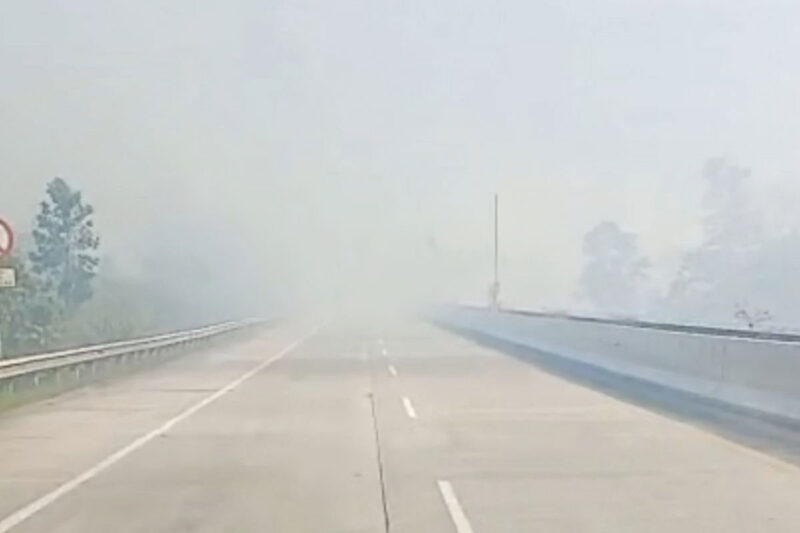 Asap Tebal akibat Kebakaran hutan dan lahan (karhutla) kembali terjadi di sepanjang ruas Tol Balikpapan-Samarinda, Kalimantan Timur.(Dok. Damkar Kukar)
