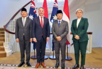 Menteri Pertahanan (Menhan) Sjafrie Sjamsoeddin dan Menteri Luar Negeri (Menlu) Sugiono bertemu dengan Menhan Australia Richard Marles dan Menlu Australia Penny Wong dalam pertemuan 2+2 Foreign and Defence Ministers’ Meeting Indonesia-Australia di Melbourne, Rabu (26/8/2026).(DOK. Setjen Infohan Kemhan)