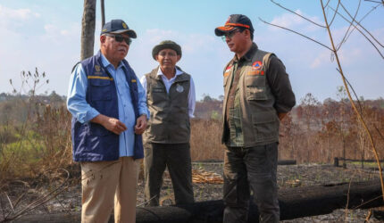 Kepala OIKN Basuki Hadimuljono bersama Menteri Kehutanan RI Raja Juli Antoni dan Kepala BNPB Suharyanto meninjau lokasi bekas karhutla di kawasan Bukit Tengkorak, Kaltim, Senin (14/9/2026).(Dok. Humas OIKN)