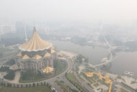 Kabut asap menyelimuti kawasan sekitar Gedung Dewan Undangan Negeri Sarawak di Kuching, ibu kota Negara Bagian Sarawak, Malaysia, pada 1 September 2026. Kualitas udara di Sarawak memburuk akibat asap dari kebakaran hutan di Indonesia, yang turut memicu gangguan pernapasan dan membuat warga menggunakan masker pelindung. (AFP)
