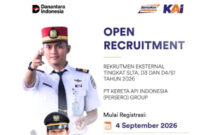 KAI Group membuka lowongan kerja 2026 untuk lulusan SLTA, D3, dan D4/S1. Pendaftaran akun dimulai 4 September 2026. Karier KAI.()
