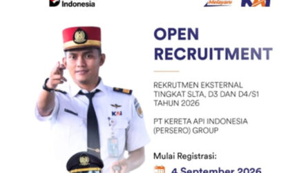 KAI Group membuka lowongan kerja 2026 untuk lulusan SLTA, D3, dan D4/S1. Pendaftaran akun dimulai 4 September 2026. Karier KAI.()