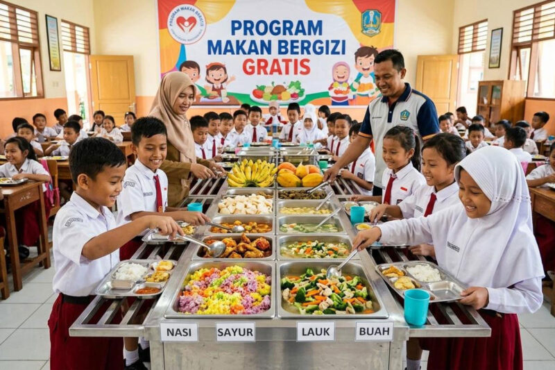 Ilustrasi. Menko Bidang Pangan Zulkifli Hasan (Zulhas) mengatakan, saat ini, terdapat 66 Satuan Pelayanan Pemenuhan Gizi (SPPG) di 10 provinsi yang sedang melakukan uji coba program MBG secara prasmanan.(Dibuat dengan AI I Kompas.com/BAL)
